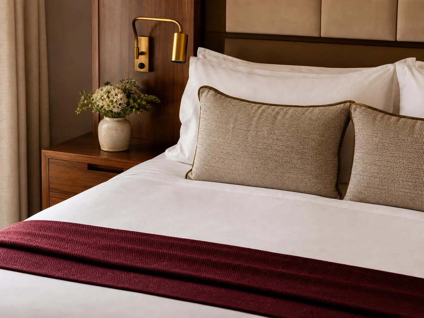 Cifaro hotel bedding detail with burgundy throw and brass reading light