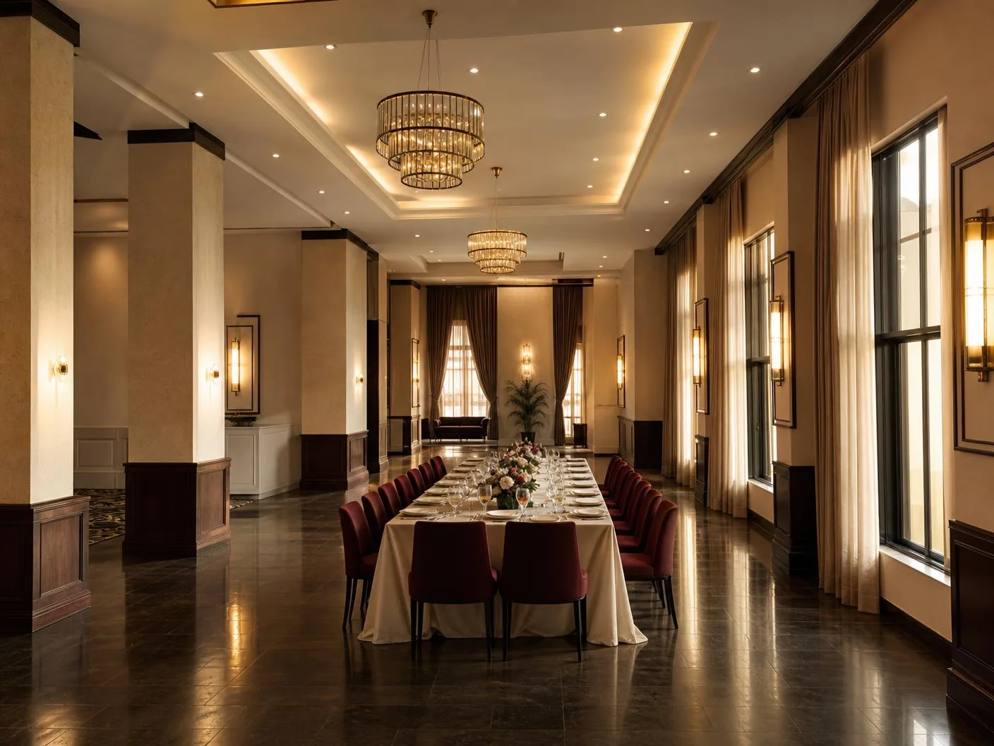 Cifaro event hall arranged for a long celebration dinner